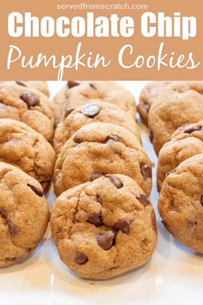 thick chocolate chips cookies on a plate with Pinterest pin text.