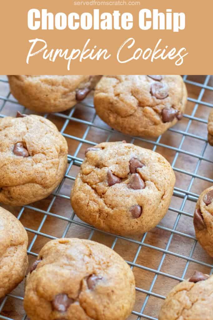 a round thick chocolate chip cookie on a cooling rack with other cookies with Pinterest pin text.