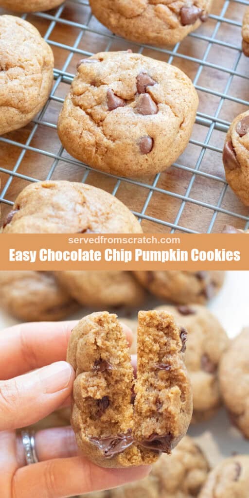 a round thick chocolate chip cookie on a cooling rack with other cookies, Pinterest pin text, and a hand holding a halved chocolate chip cookie over a plate of cookies.
