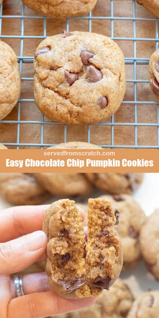 a round thick chocolate chip cookie on a cooling rack with other cookies, Pinterest pin text, and a hand holding a halved chocolate chip cookie over a plate of cookies.