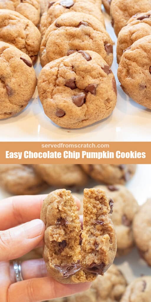 thick chocolate chips cookies on a plate with Pinterest pin text and a hand holding a halved chocolate chip cookie over a plate of cookies.
