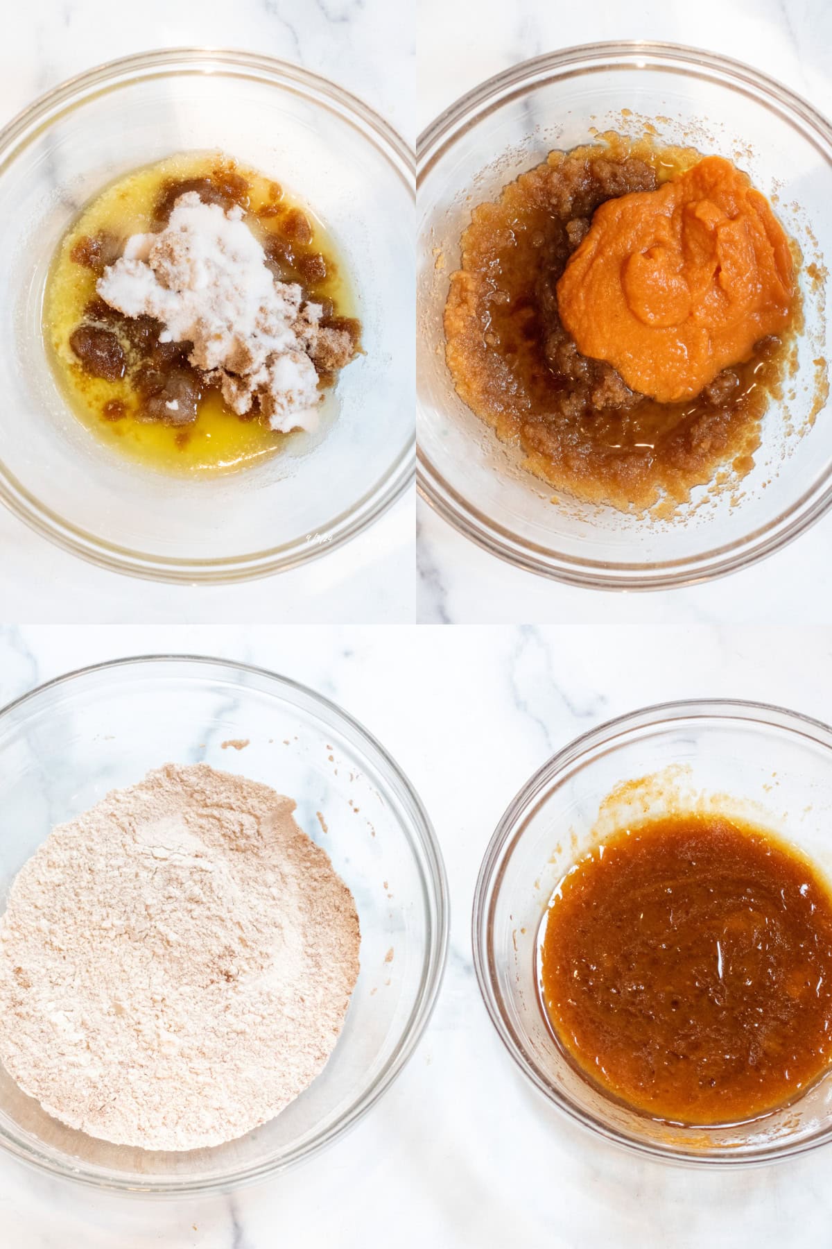 4 bowls one with melted butter and sugars, one with it all mixed and then pumpkin puree, and then flours all mixed and then it all mixed.