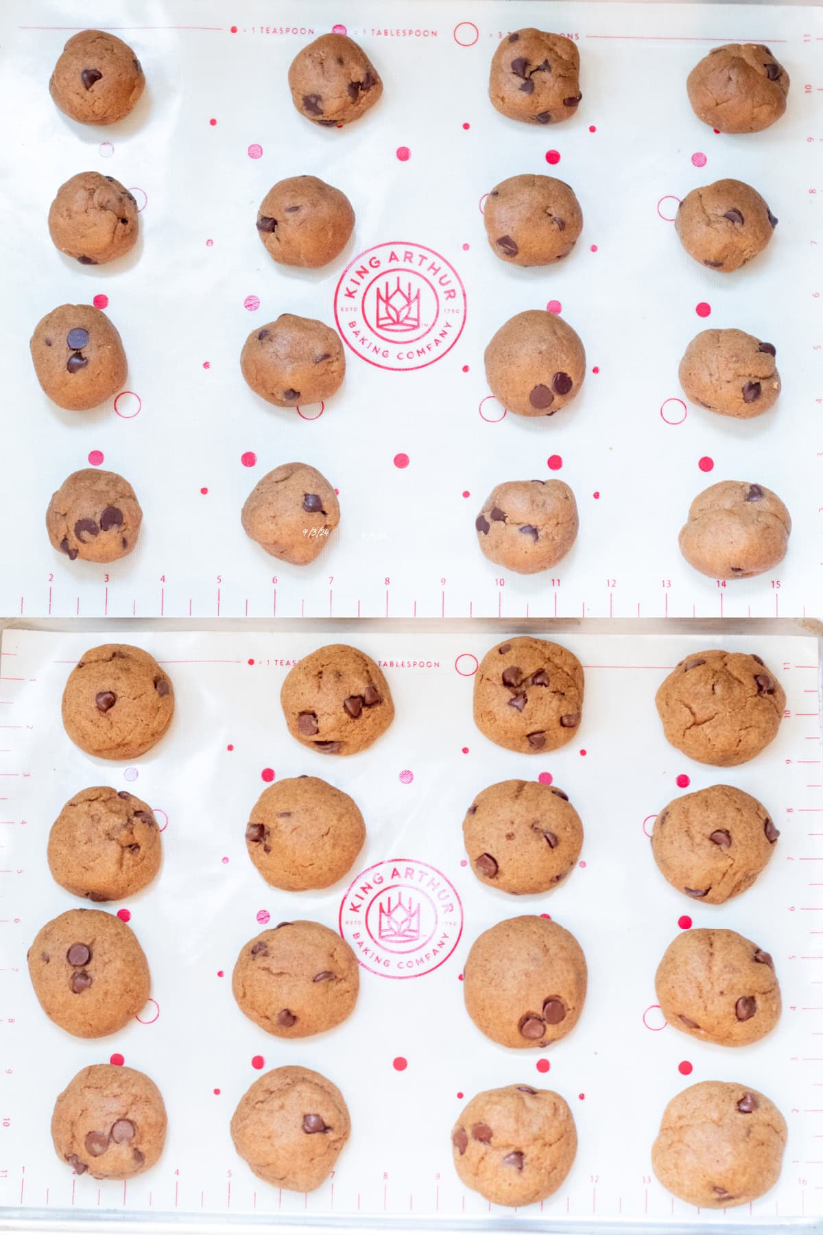 unbaked cookies on a silicone mat above a picture of baked cookies.