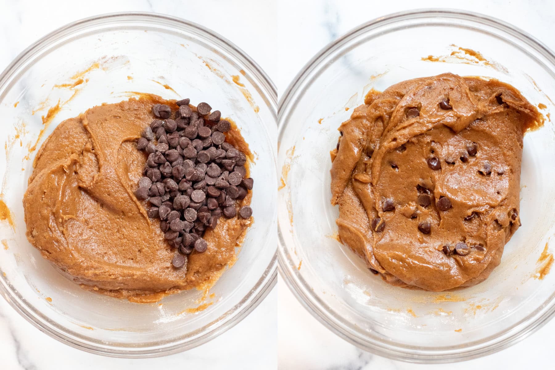 a bowl of mixed dough with chocolate chips and then it all mixed together.
