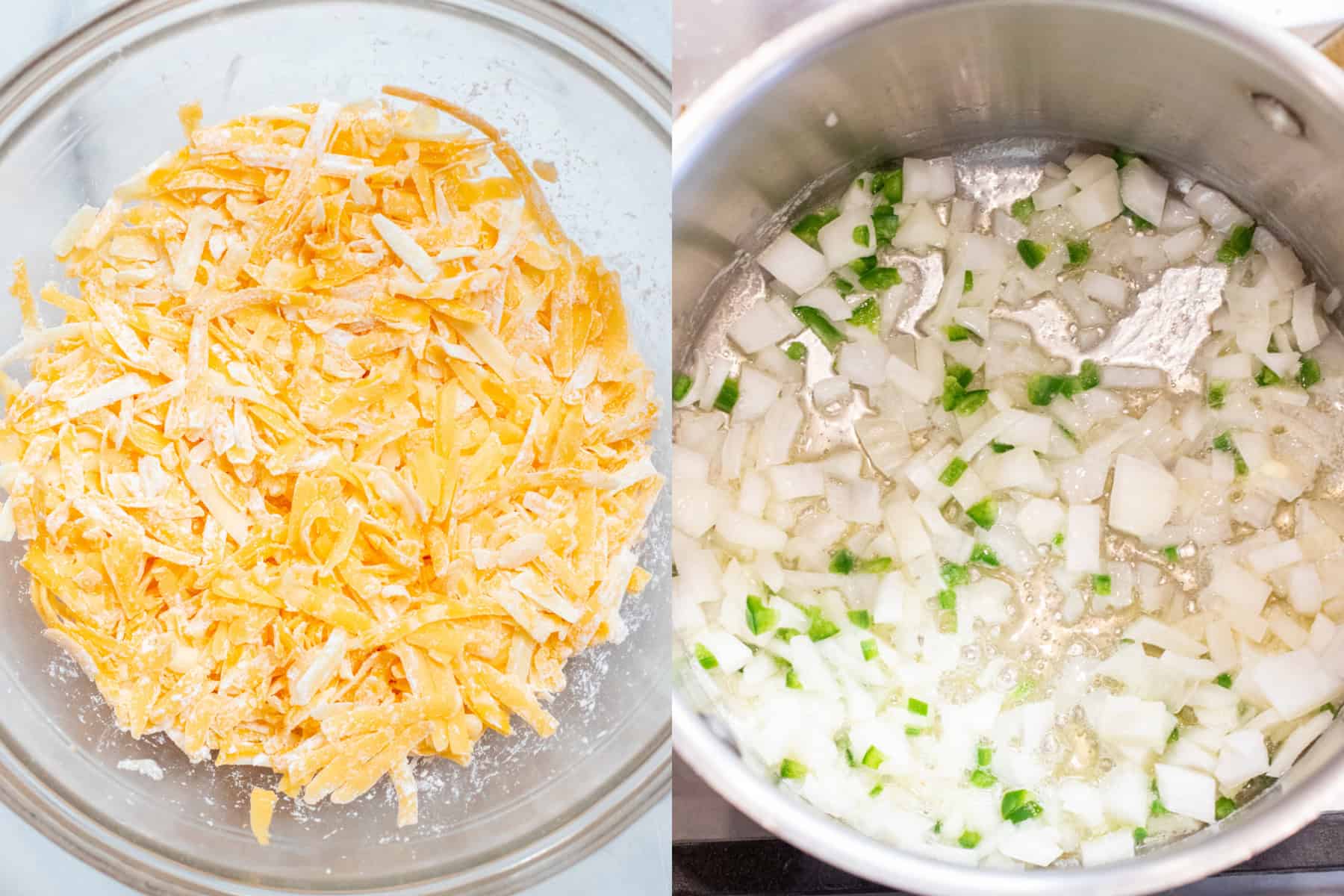 a bowl of shredded cheese with cornstarch and then a pot with diced onion and jalapeno.