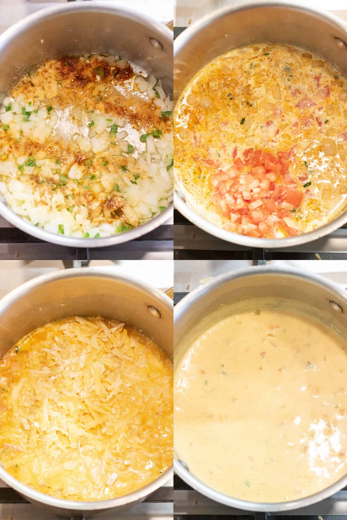 4 pots one with sauteed onions and spices, then milk and tomatoes added, shredded cheese added, and then it all melted together and smooth.