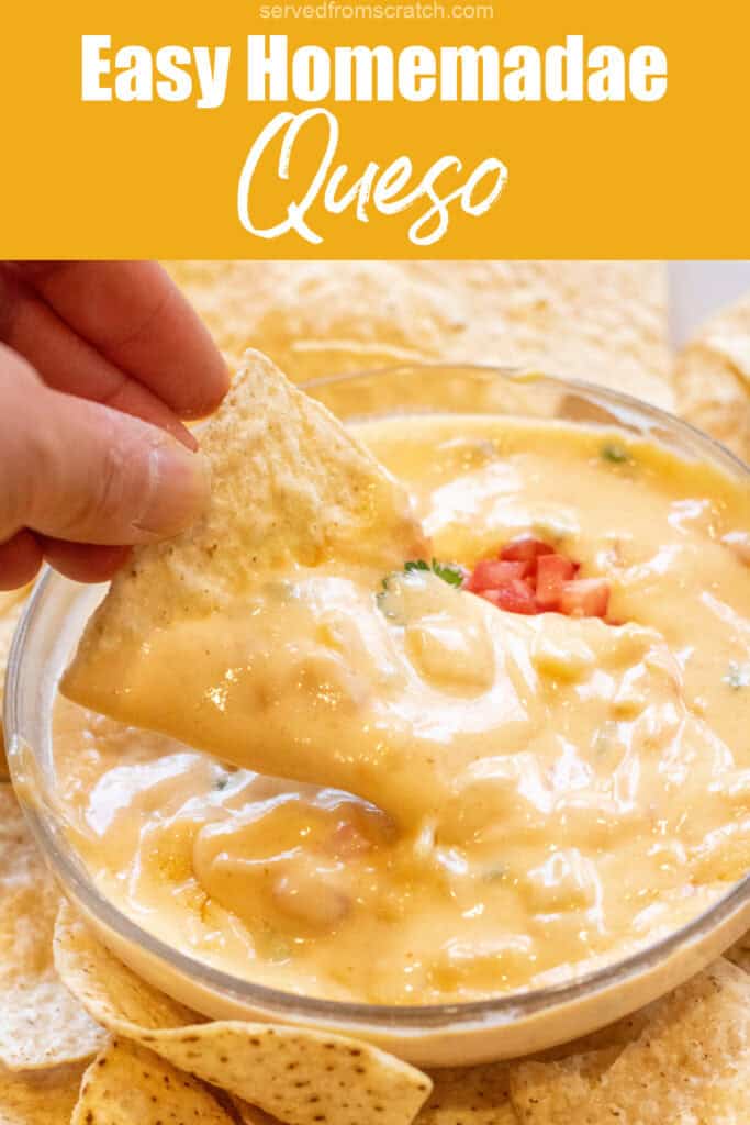 a bowl of creamy queso surrounded chips and with a chip in the bowl with Pinterest pin text.