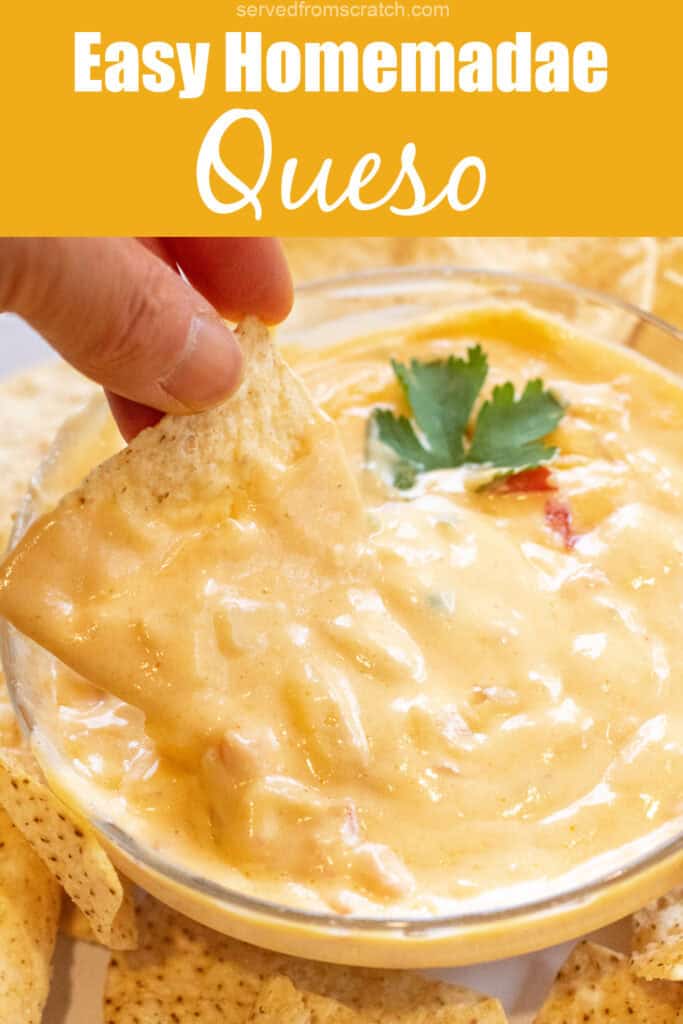 a bowl of creamy queso surrounded chips and with a chip in the bowl with Pinterest pin text.