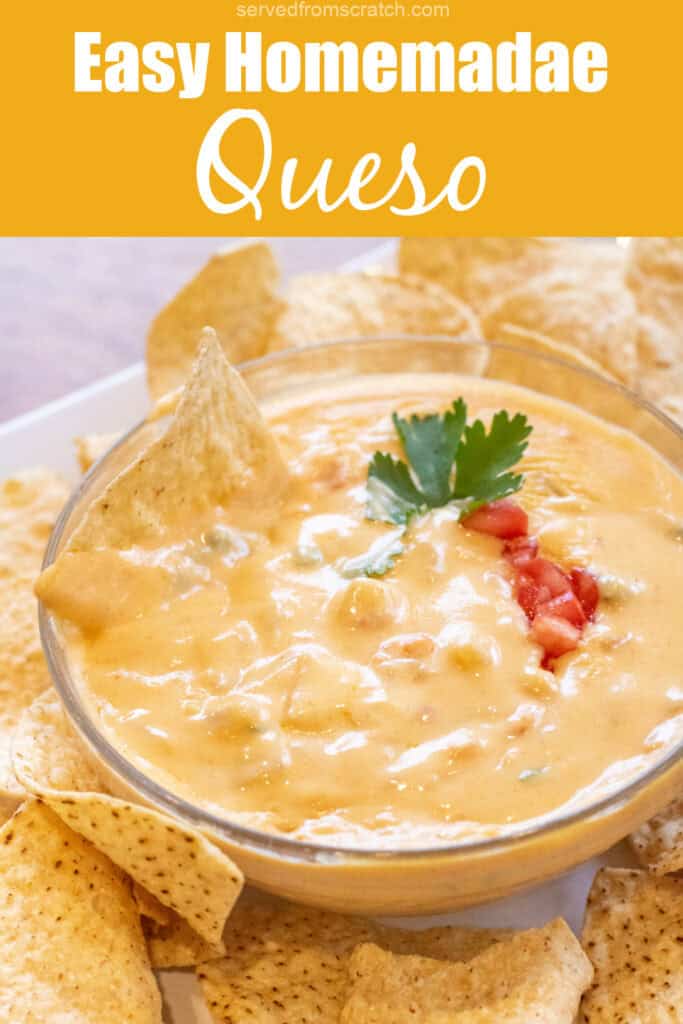 a bowl of creamy queso surrounded chips and with a chip in the bowl with Pinterest pin text.