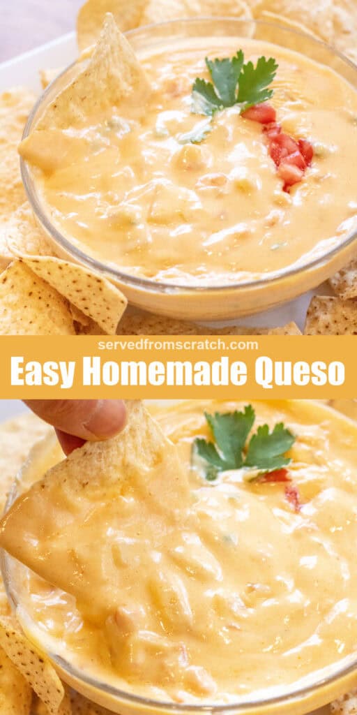 a bowl of creamy queso surrounded chips and with a chip in the bowl with Pinterest pin text.