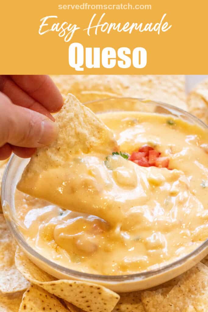 a bowl of creamy queso surrounded chips and with a chip in the bowl with Pinterest pin text.