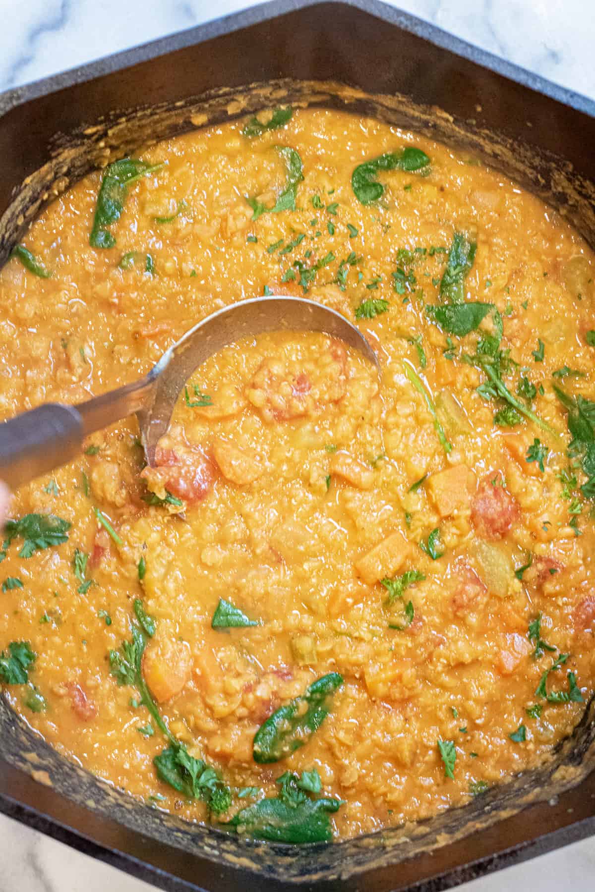 an overhead of a creamy lentil stew with a ladle in it.