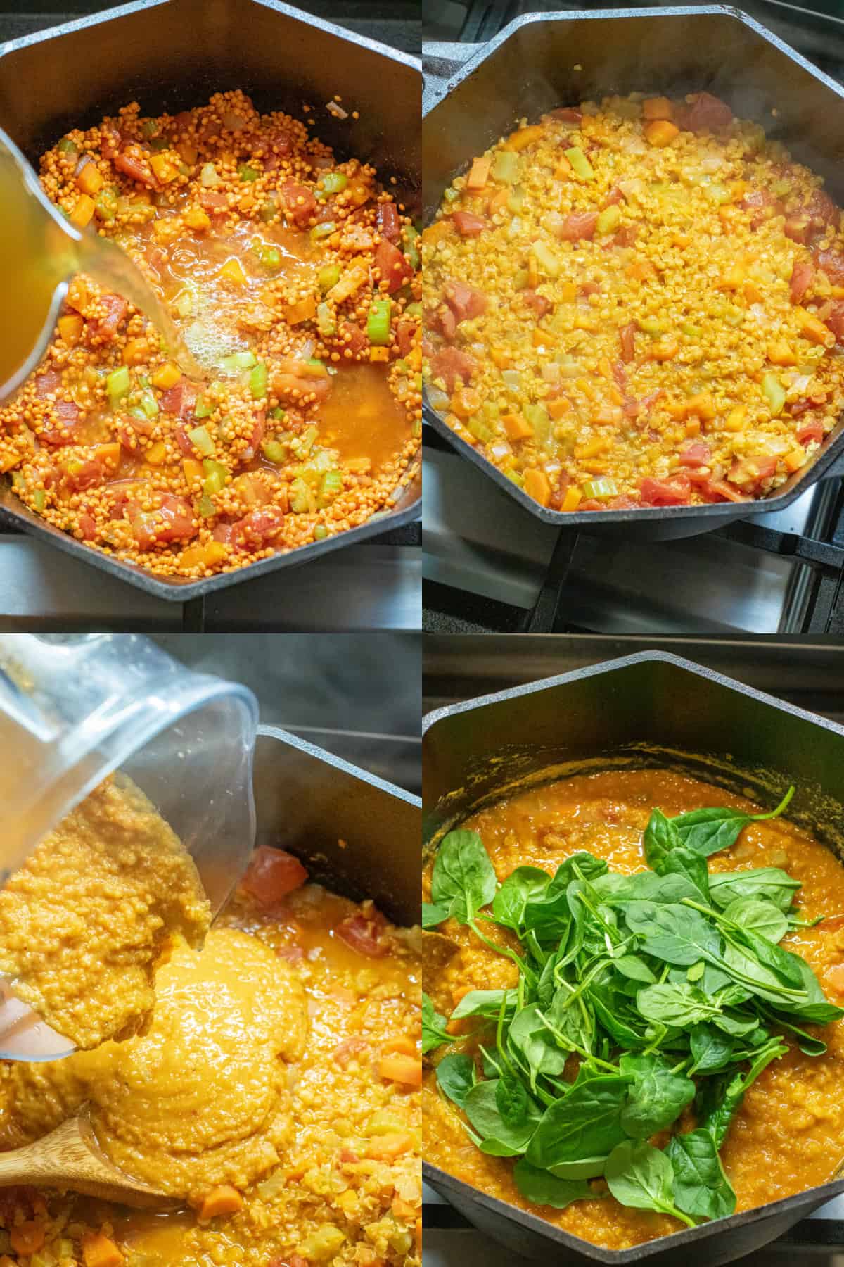 4 pictures of a dutch oven with stock being added to the pot with veggies and lentils, it all cooked, then some of it blended being poured back in, and then fresh spinach on top.