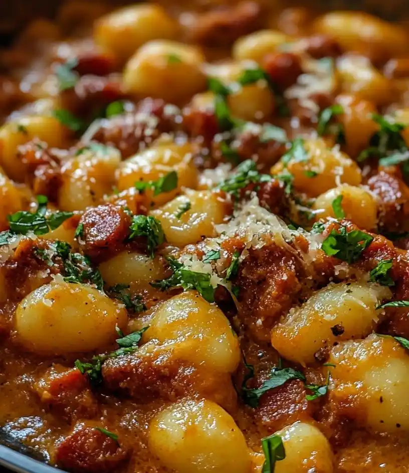 Gnocchi with Chorizo and Creamy Harissa Sauce close up
