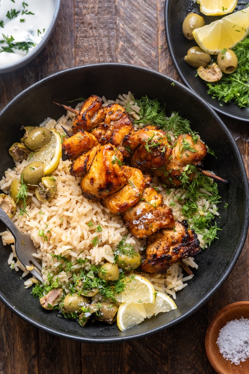 Greek Chicken Skewers with Lemon Rice