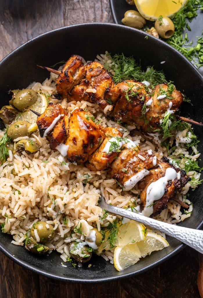 Greek Chicken Skewers with Lemon Rice