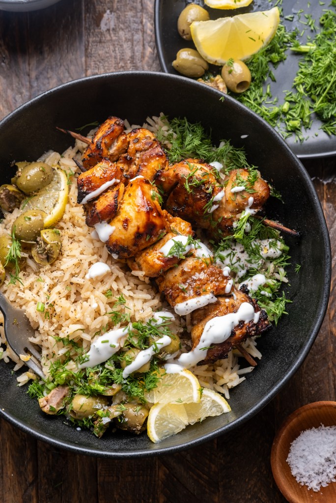 Greek Chicken Skewers with Lemon Rice