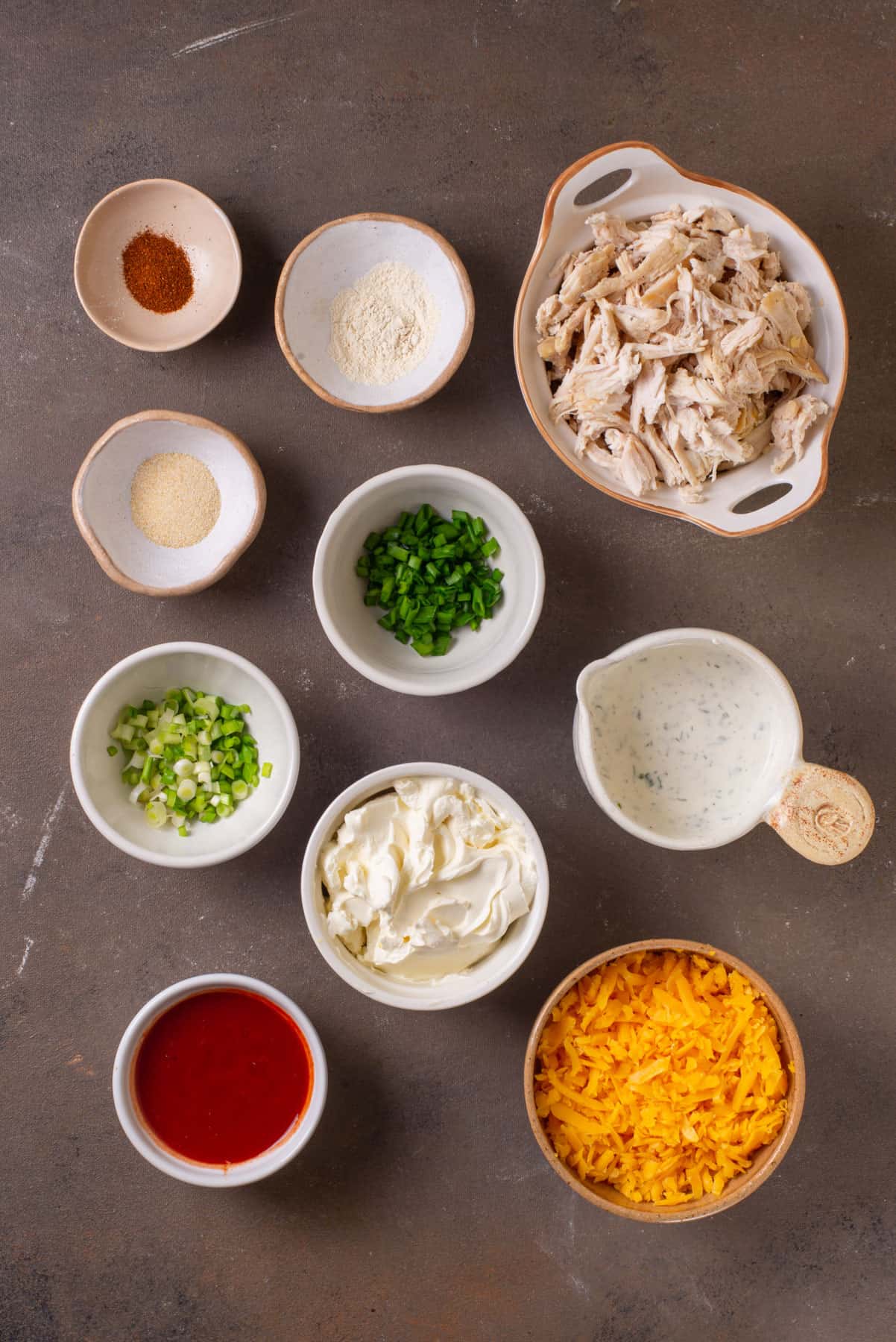 Ingredients for Buffalo chicken dip.