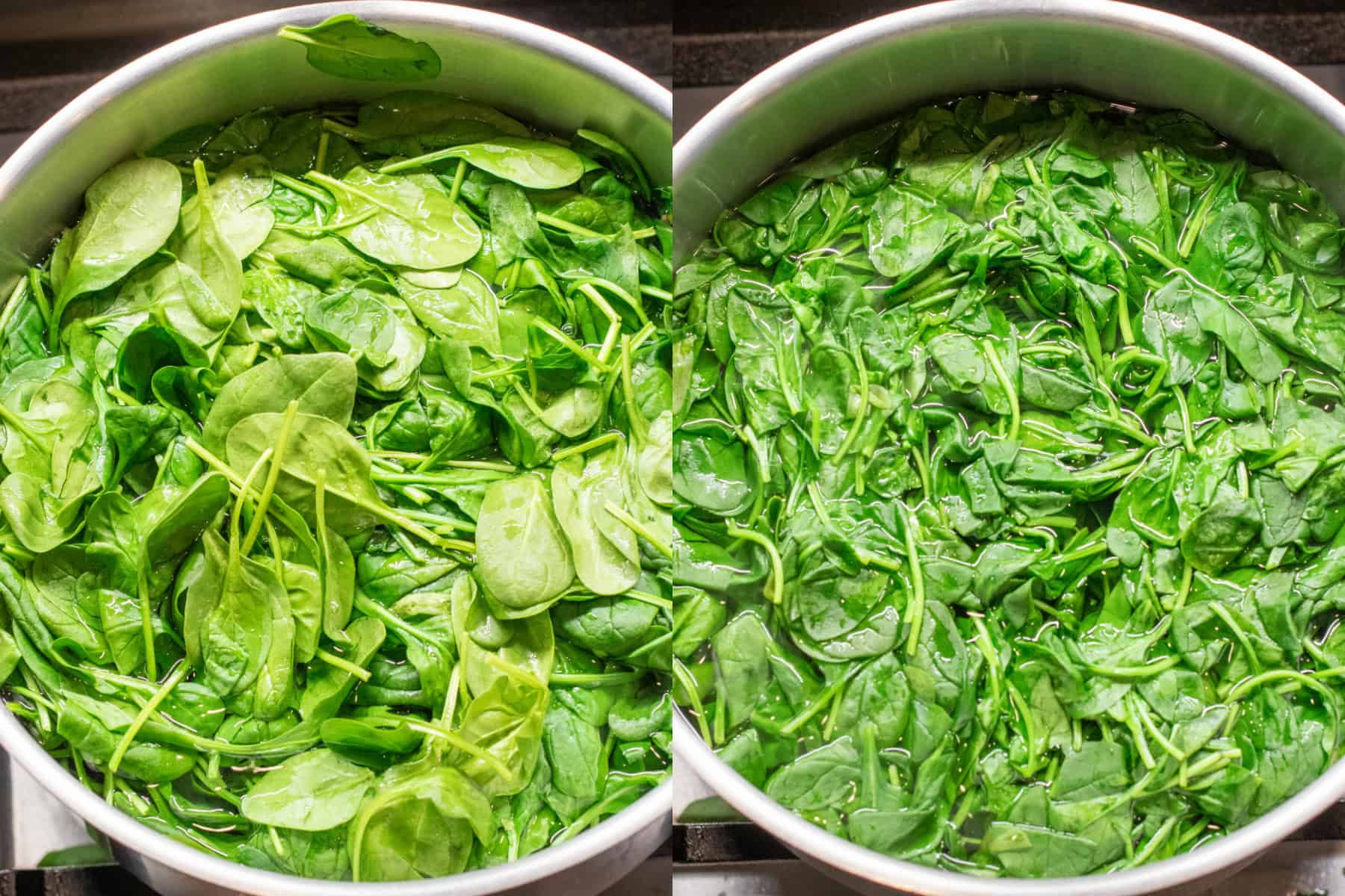 two pots with spinach, one with fresh spinach and one with blanched spinach.
