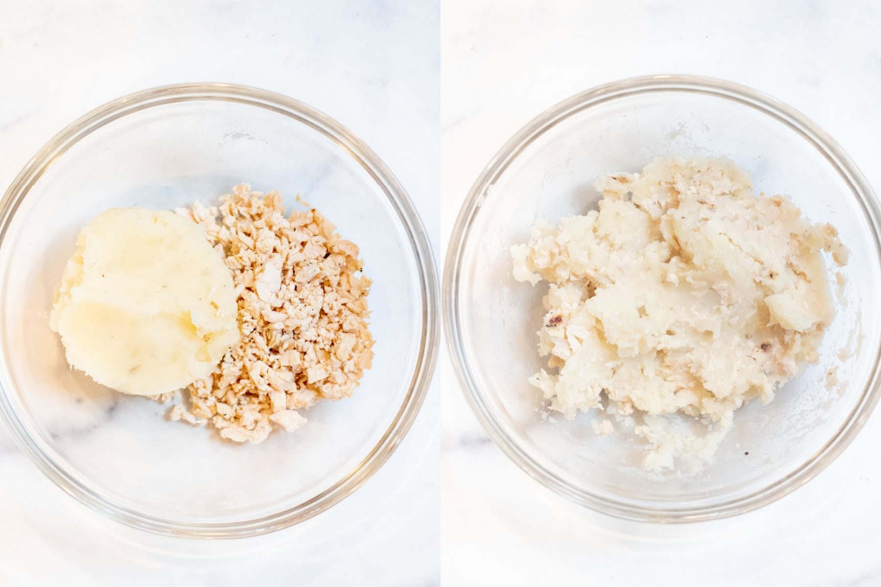 two bowls, one with some mashed potatoes and chopped turkey and then it all mixed together.
