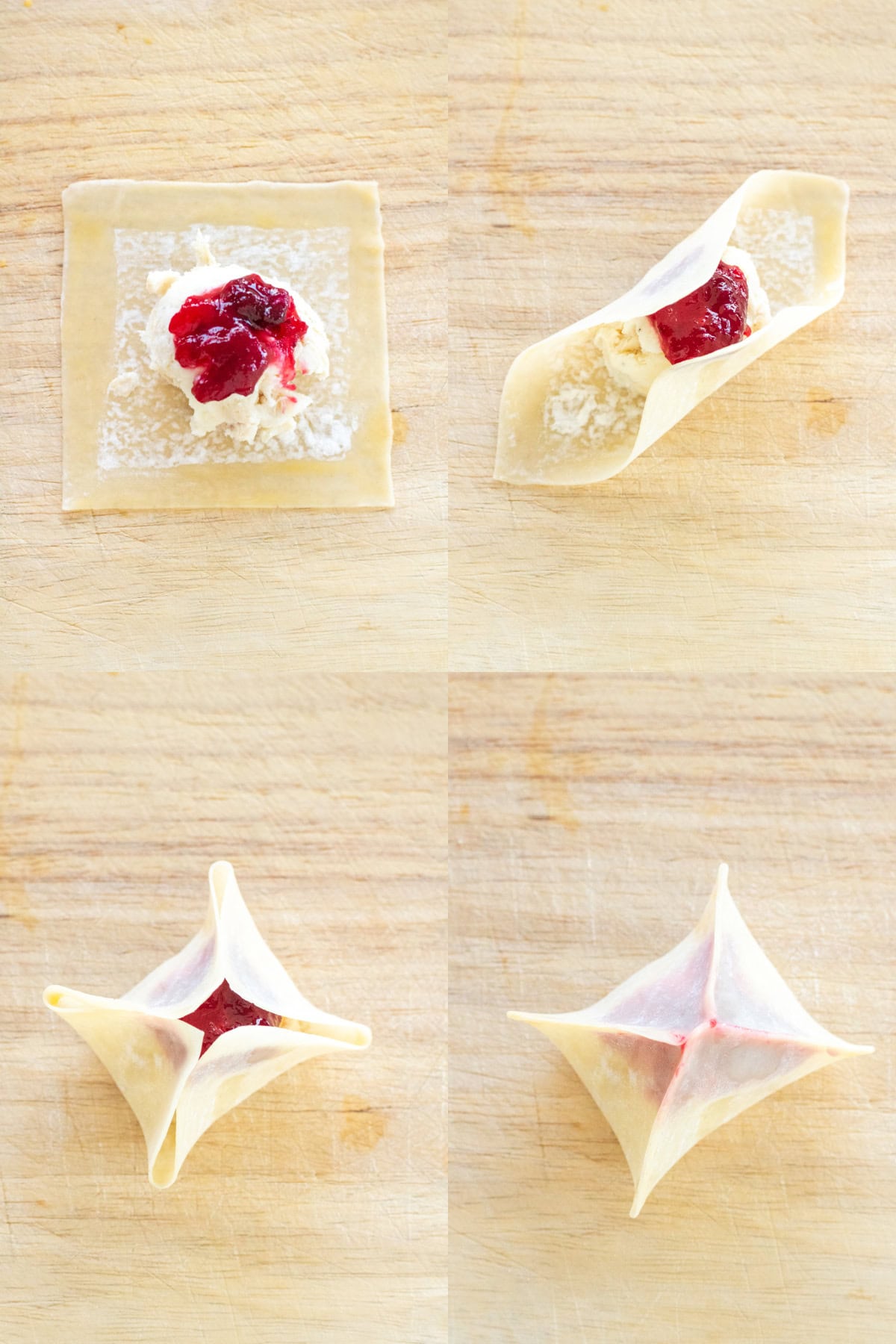 4 pictures, first with a wonton wrapper with egg washed sides, mashed potatoes, and cranberry sauce on top, two sides folded in to the top, four sides all in to the top, and then it all sealed.