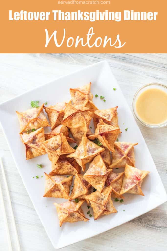 a plate of crispy wontons and Pinterest pin text.