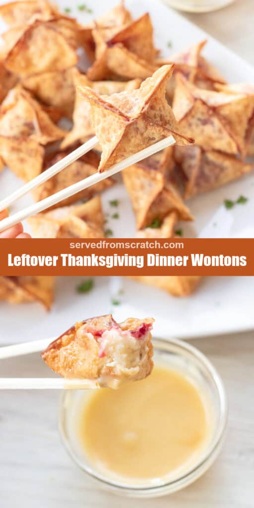 chopsticks dipping a wonton into gravy with Pinterest pin text and a chopstick holding up a bitten into wonton with mashed potatoes and cranberry sauce.