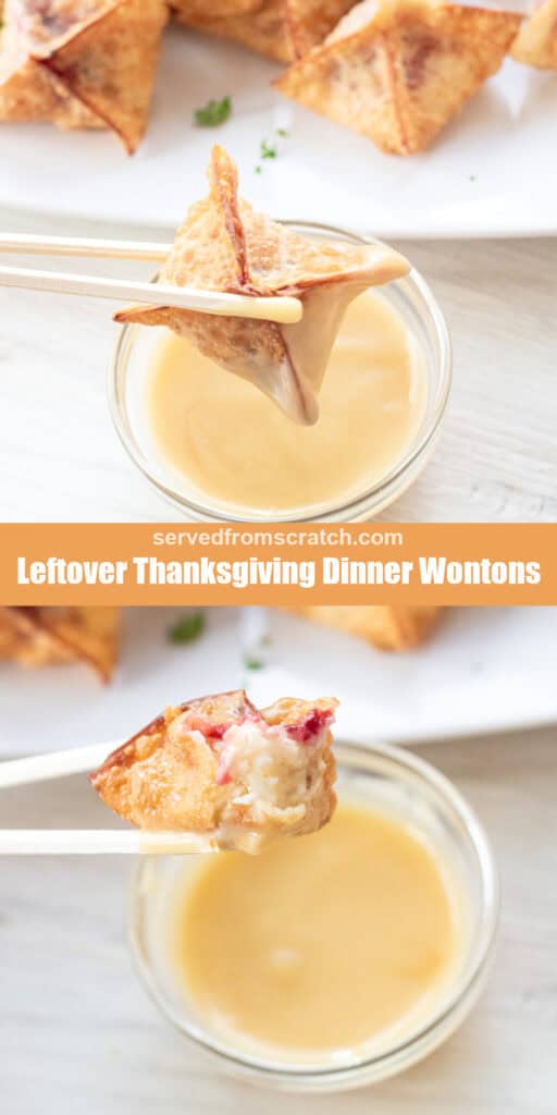chopsticks dipping a wonton into gravy with Pinterest pin text and a chopstick holding up a bitten into wonton with mashed potatoes and cranberry sauce.