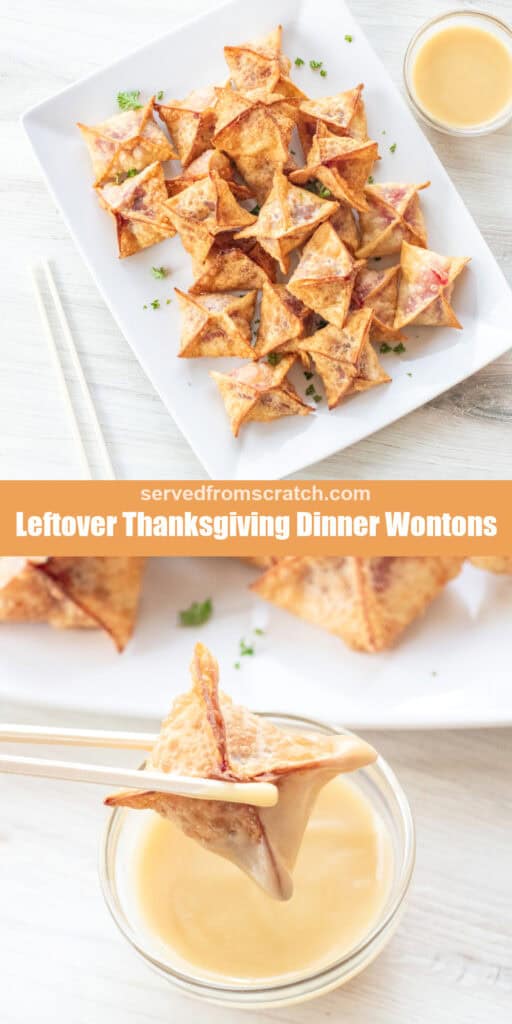 a plate of crispy wontons, Pinterest pin text, chopsticks dipping a wonton into gravy.