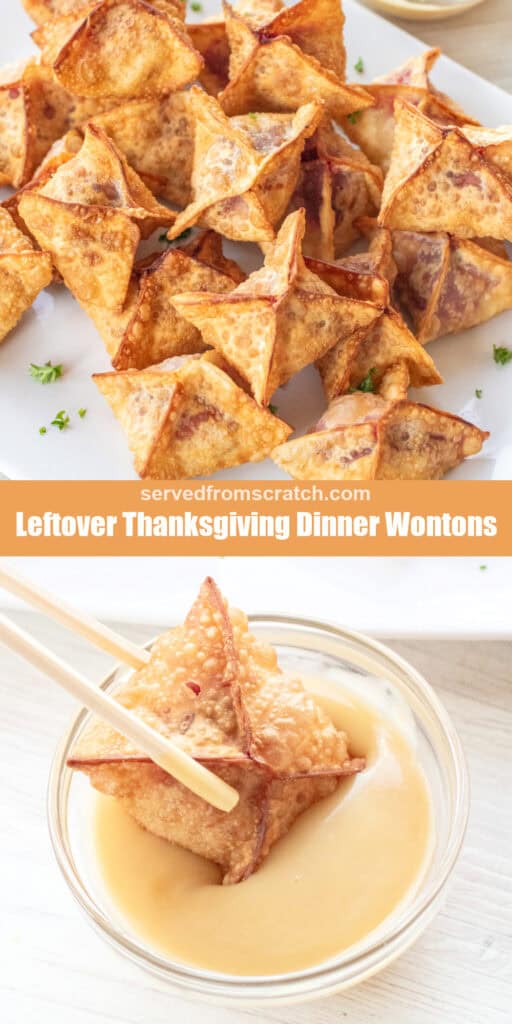 a plate of crispy wontons with Pinterest pin text and chopsticks holding a wonton and dipping it into a bowl of gravy.