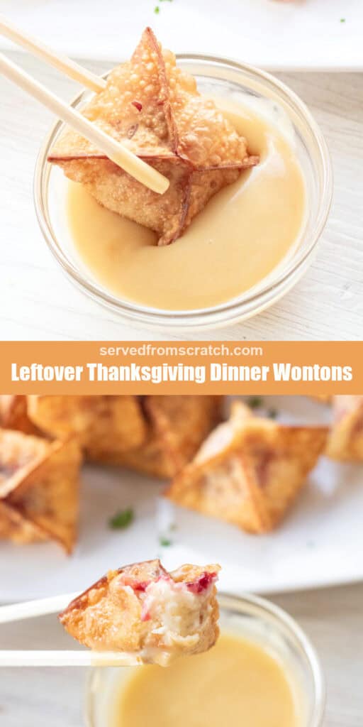 chopsticks dipping a wonton into gravy with PInterest pin text and a chopstick holding up a bitten into wonton with mashed potatoes and cranberry sauce.