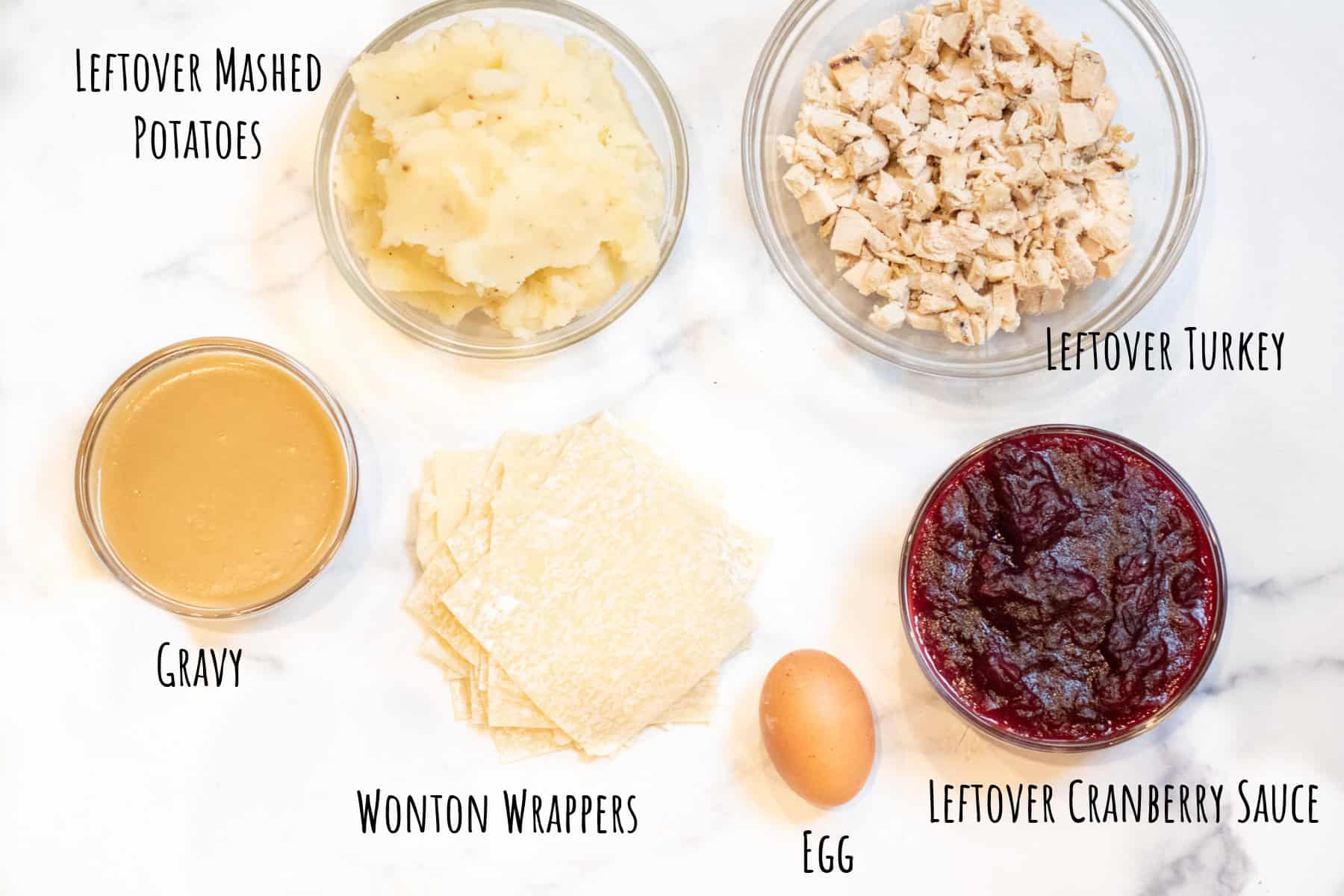 a bowl of mashed potatoes, chopped turkey, gravy, cranberry sauce, wonton wrappers, and an egg labeled.