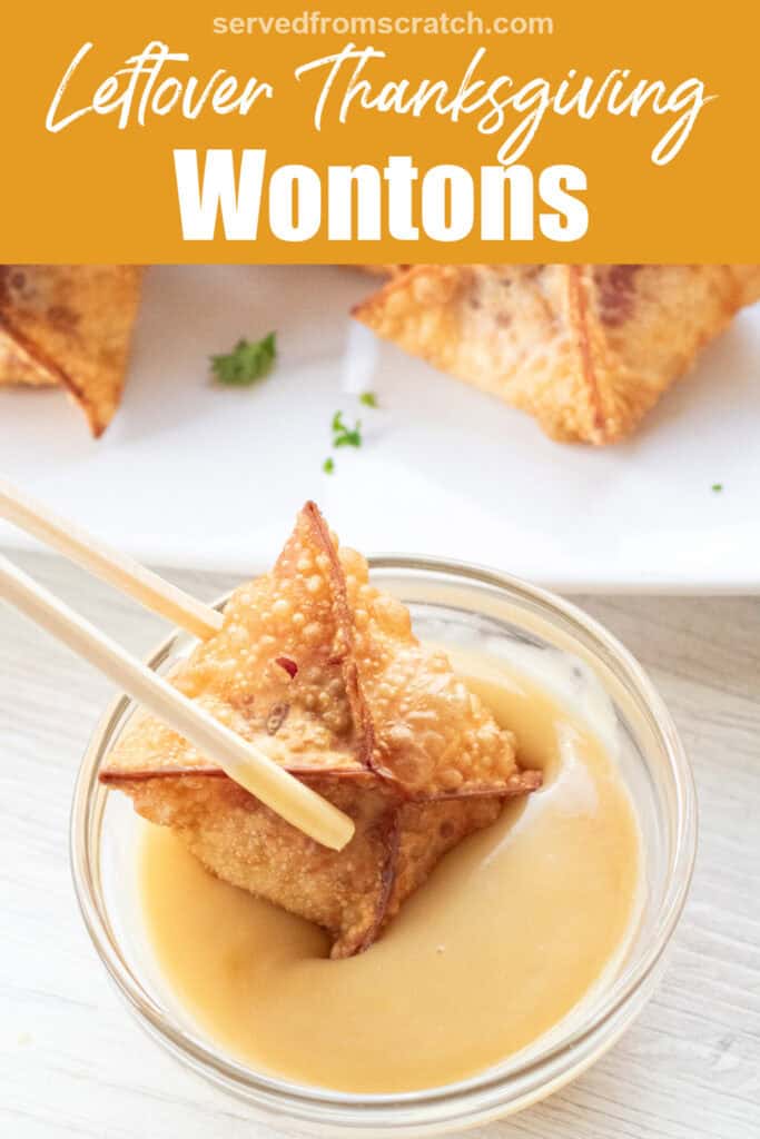 chopsticks dipping a wonton into gravy with Pinterest pin text.