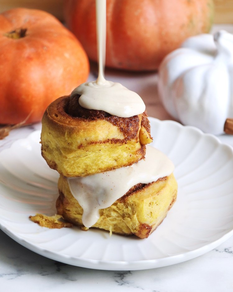 Brown Butter Maple Cream Cheese Icing on Pumpkin Cinnamon rolls