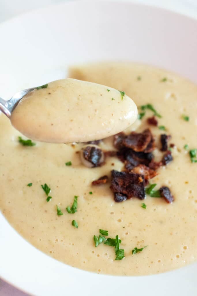 a close up of a spoonful of soup in front of a bowl of soup.