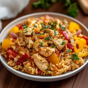 chicken fajita rice casserole dish, served on a plate