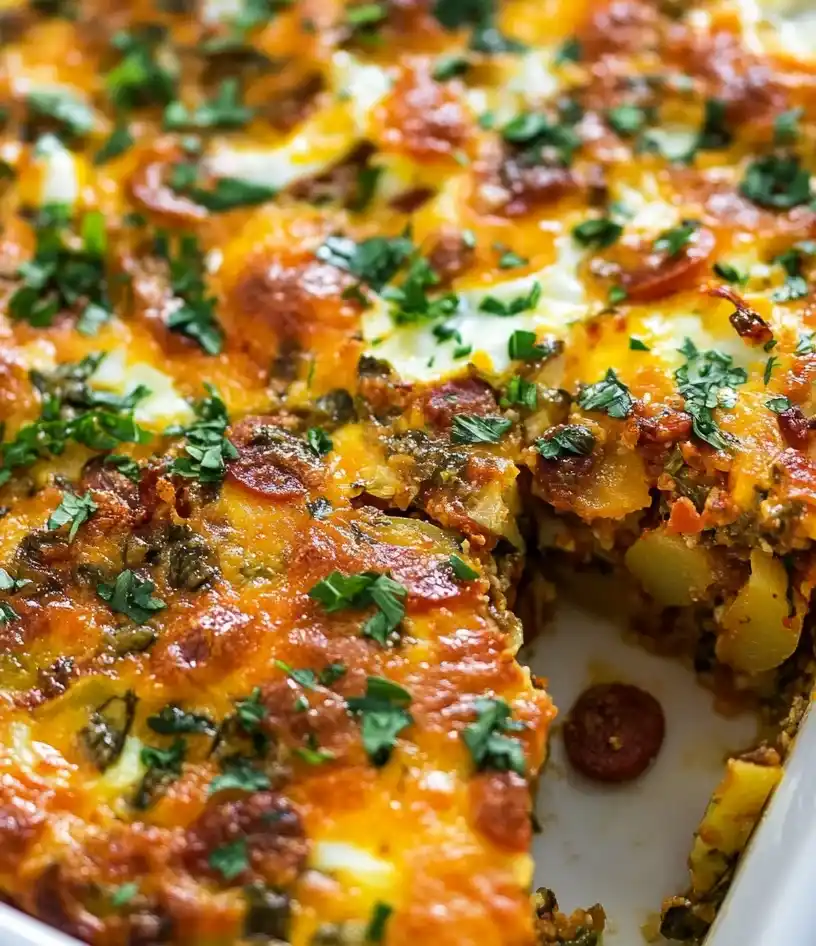 chorizo potato egg casserole close up