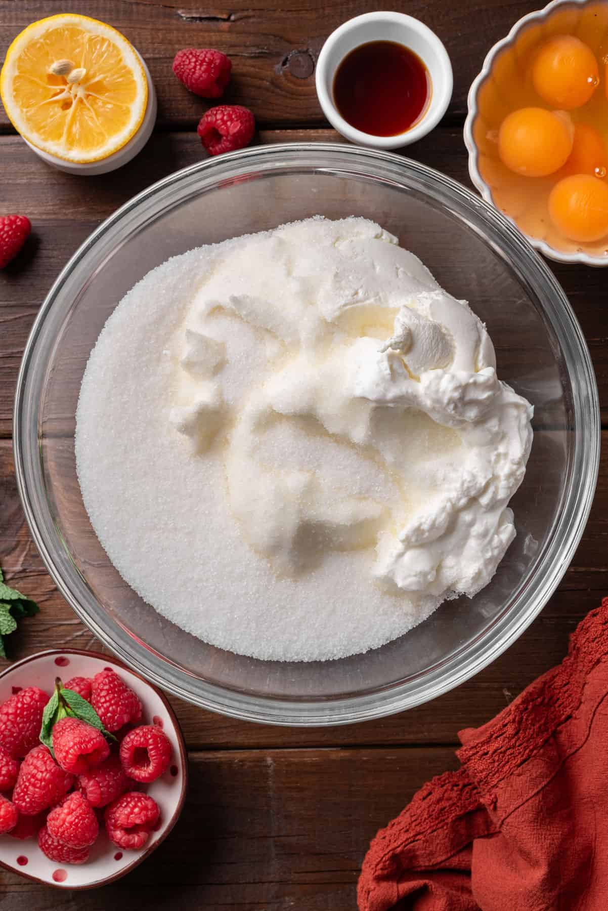 Combine cream cheese, sour cream, and sugar in a bowl.