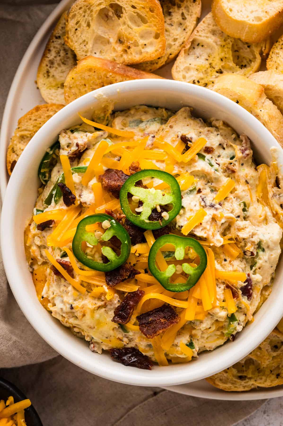 Jalapeno popper dip in a bowl.