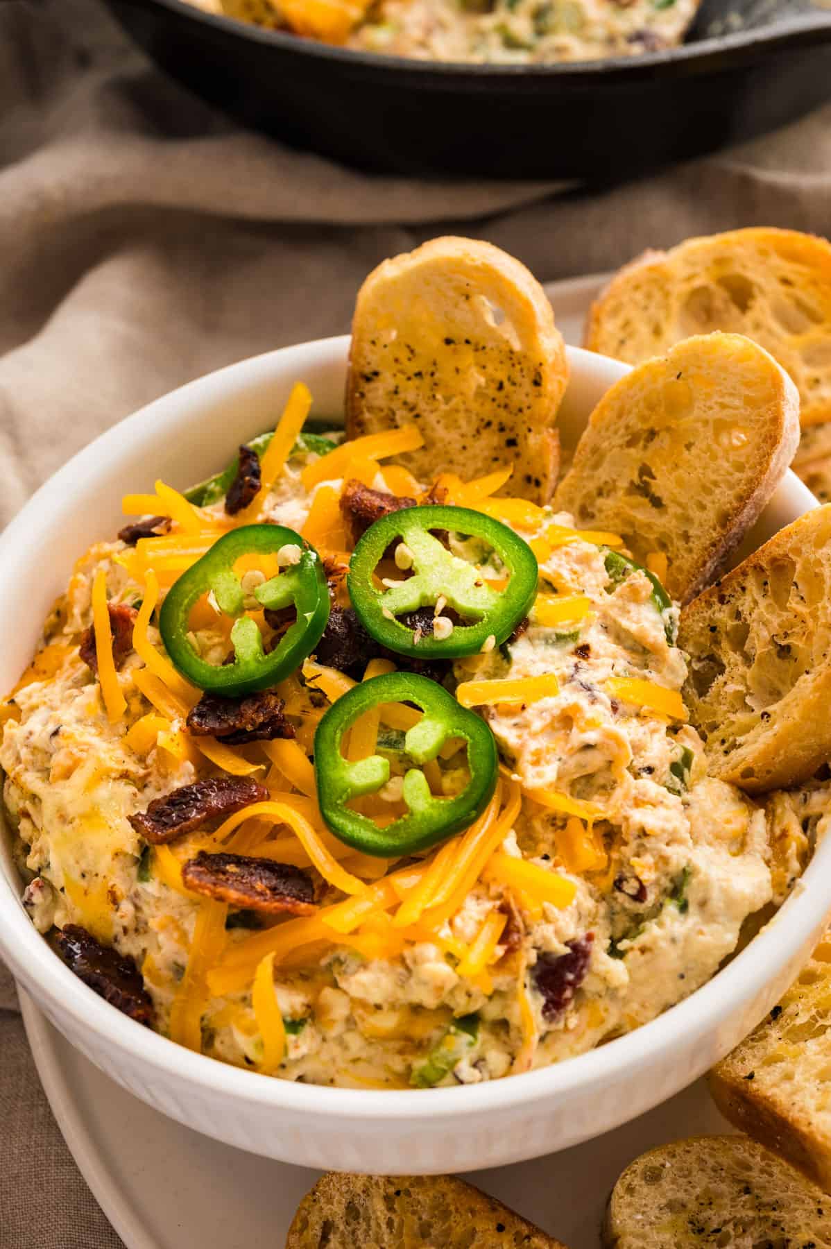 Jalapeno popper dip in a bowl.