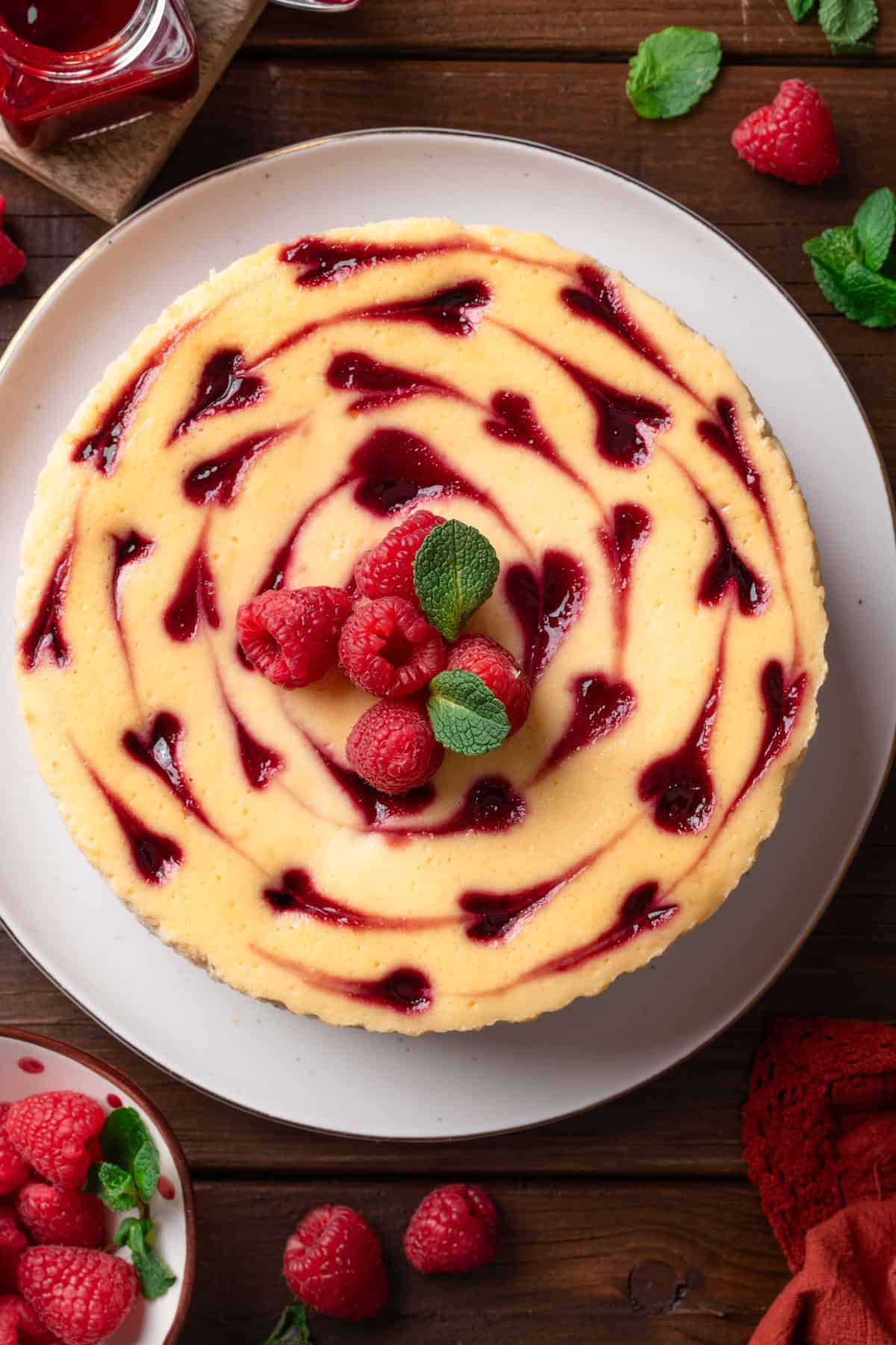 Raspberry cheesecake - on a platter.