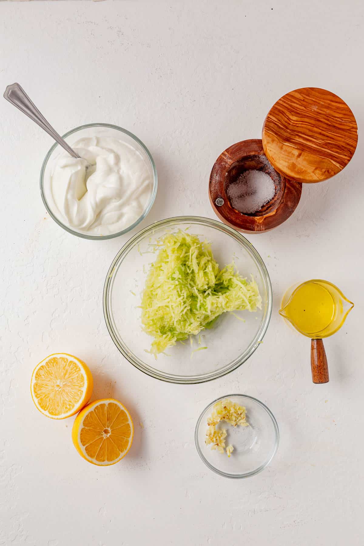 homemade tzatziki ingredients on a counter.