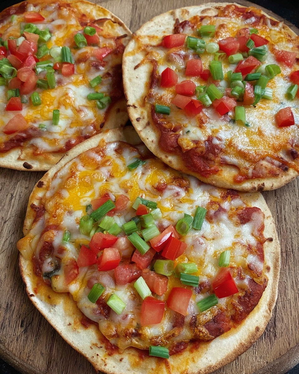 The image shows three small pizzas placed on a wooden board, each having mostly two to three layers. The base is a light golden-brown pizza crust, slightly thick and soft textured with slight browning on the edges. On top is a bright red tomato sauce layer, smooth and evenly spread, followed by a melted layer of mixed white and yellow cheese covering the surface, bubbling slightly with a creamy texture. The final topping layer consists of small diced bright red tomatoes and chopped green onions scattered generously over each pizza, adding fresh pops of color. The pizzas have a casual, homemade look with slightly uneven shapes and toppings placement. photo taken with an iphone --ar 4:5 --v 7