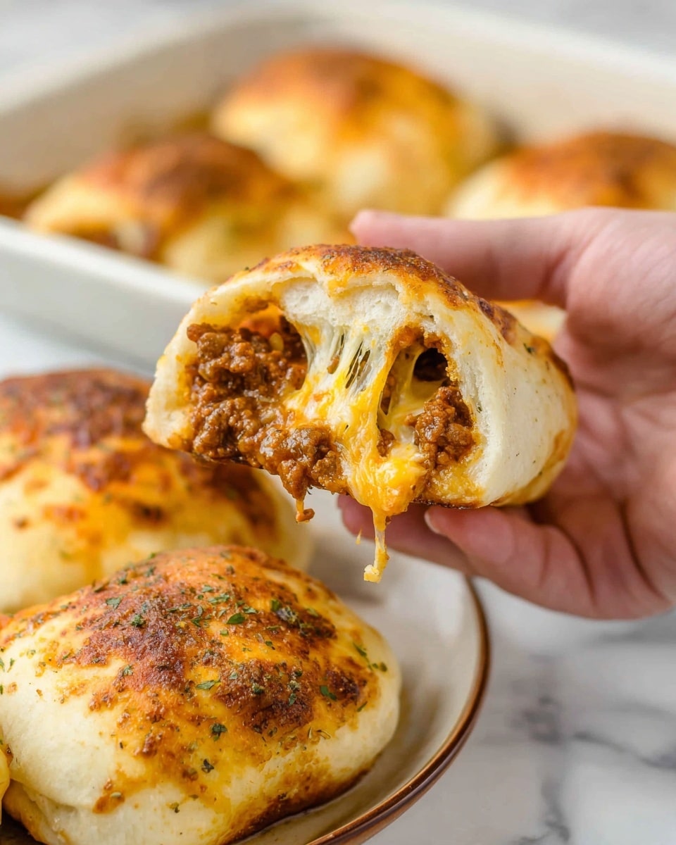 A woman's hand holds a piece of soft, golden-baked dough stuffed with two visible layers inside: a rich, brown meat filling with a crumbly texture on top and melted, stretchy yellow cheese below. The outside dough is light golden brown with darker baked spots and sprinkled herbs. More stuffed dough pieces with a similar golden, bubbly surface sit in a white baking dish on a white marbled surface in the background, slightly out of focus. Photo taken with an iphone --ar 4:5 --v 7