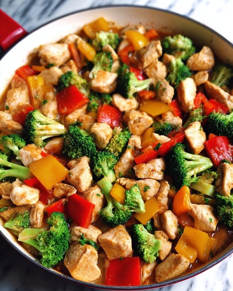 A white pan filled with cooked pieces of light golden chicken mixed with bright green broccoli florets and chunks of red and yellow bell peppers, sitting in a light brown sauce that coats the ingredients evenly. The pan rests on a white marbled surface, the chicken pieces scattered among the vibrant vegetables, creating a colorful, fresh look. Photo taken with an iphone --ar 4:5 --v 7