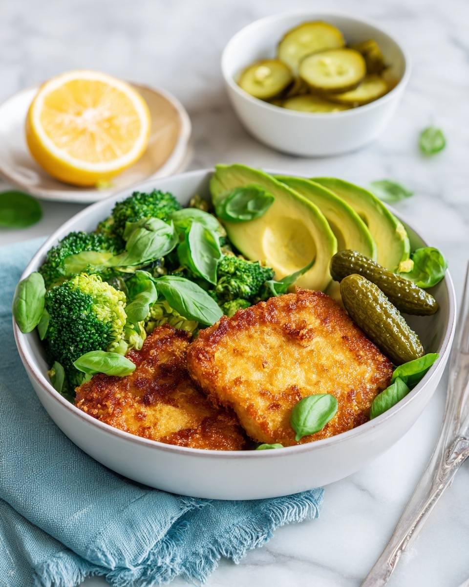 The dish shows two golden brown crispy fried pieces placed on the right side of a white bowl. On top of the fried pieces, there are three green pickles with ridged edges. To the left of the bowl, there is a layer of bright green broccoli florets mixed with fresh green basil leaves. Above the broccoli, there are three slices of light green avocado laid side by side, next to a yellow lemon wedge on the upper left edge of the bowl. The bowl rests on a white marbled surface with a light blue cloth napkin nearby. In the background, there is a small white bowl with sliced pickles and another white bowl holding a similar dish with broccoli, avocado, lemon wedge, and fried pieces. Photo taken with an iphone --ar 4:5 --v 7