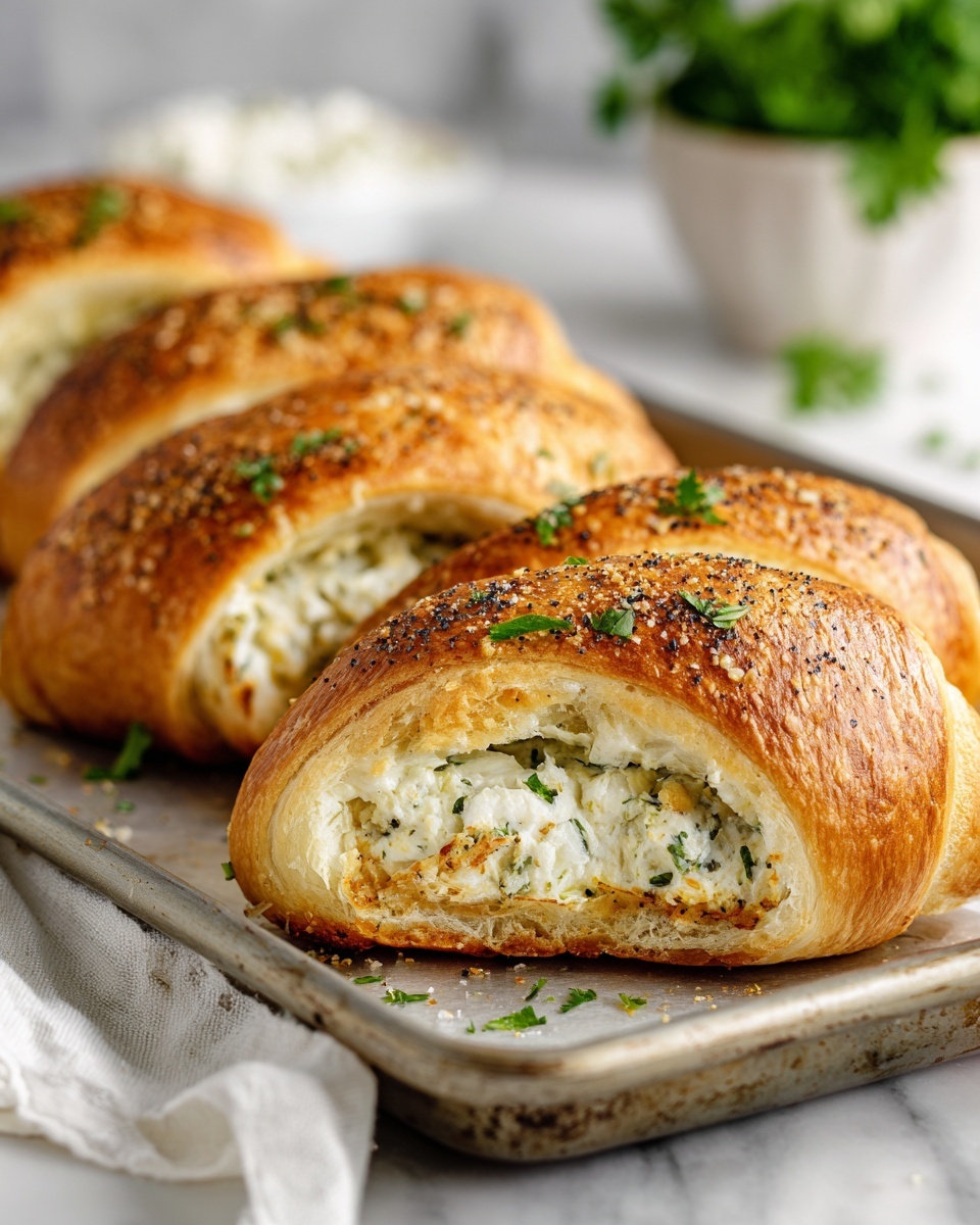 The image shows four golden-brown crescent rolls placed on a baking tray with a slightly toasted surface. Each roll is cut halfway down the middle, revealing a creamy white filling mixed with small bits of green herbs inside. The tops of the rolls are sprinkled with black pepper and some tiny parsley leaves, adding a touch of color. The background surface is white marbled texture, with a white cloth on the side and a bowl with green herbs blurred in the back. Photo taken with an iphone --ar 4:5 --v 7