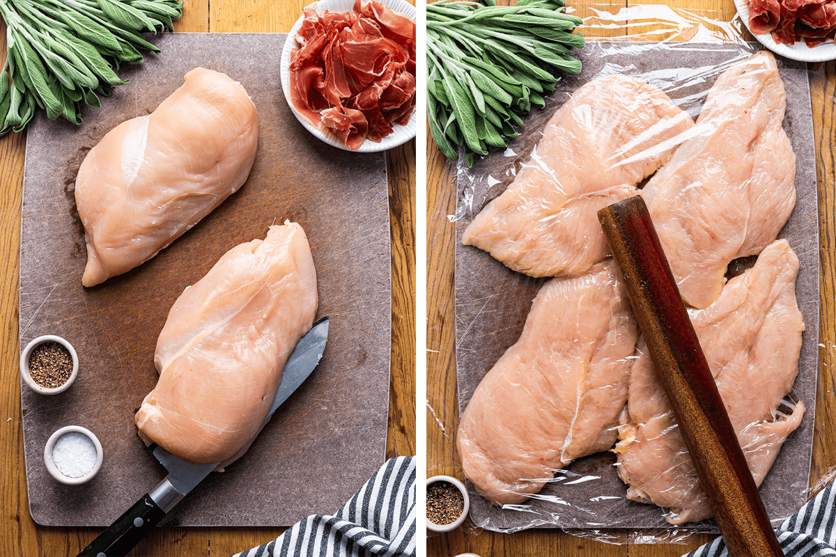 Slicing 2 large chicken breasts into 4 cutlets; covering with plastic wrap and pounding.