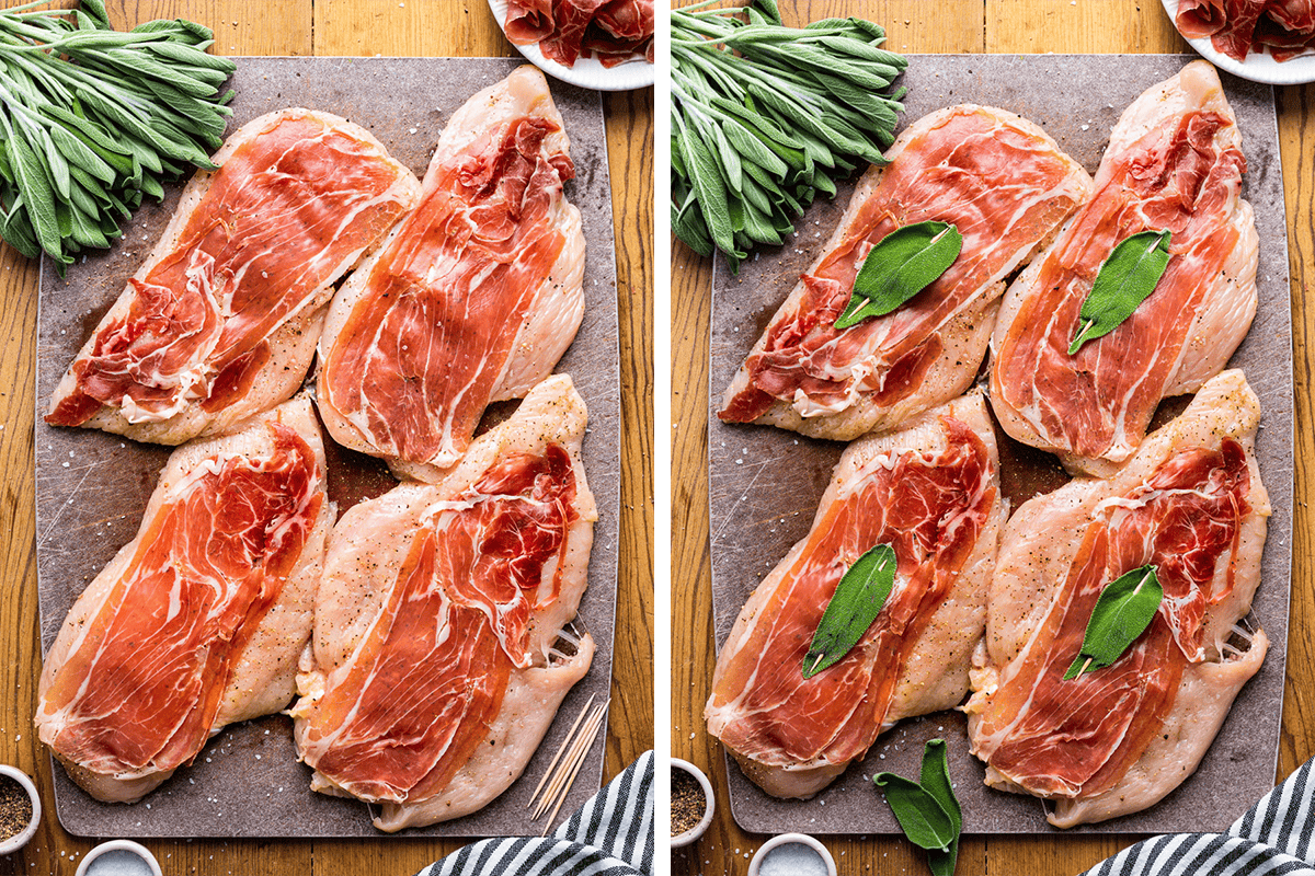Topping each chicken cutlet with a slice of prosciutto, a sage leaf, and securing with a flat toothpick.