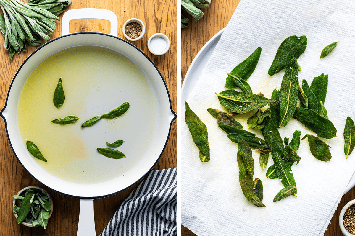 Frying sage leaves in olive oil in a pan, them removing fried sage leaves to paper towels.